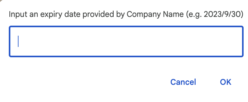 Image of Input Screen for Expiry Date